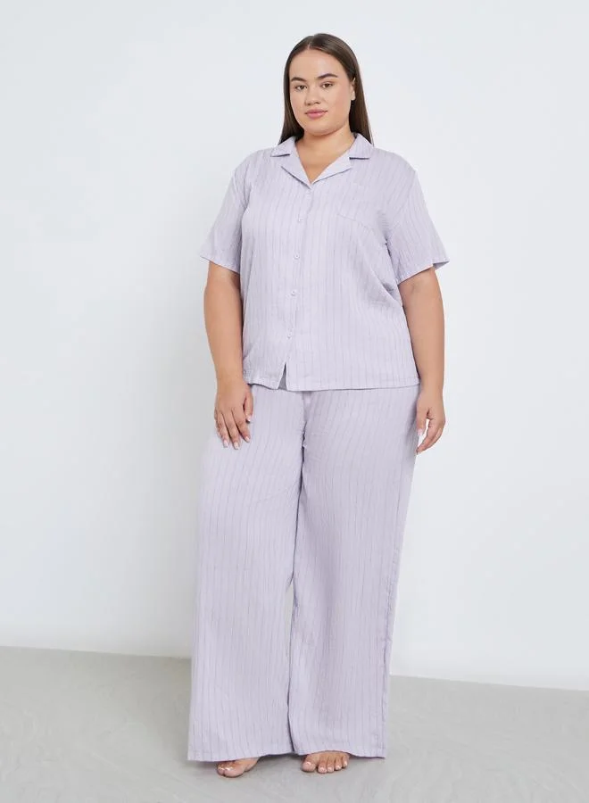 Styli Styli Plus Viscose Textured Double Stripe Shirt and Pyjama Set