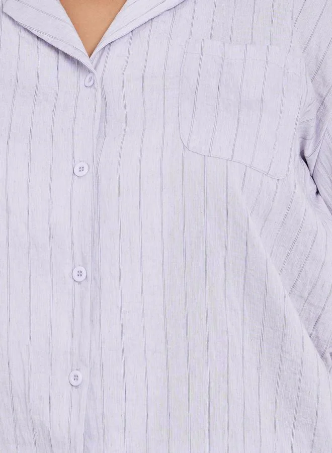 Styli Styli Plus Viscose Textured Double Stripe Shirt and Pyjama Set
