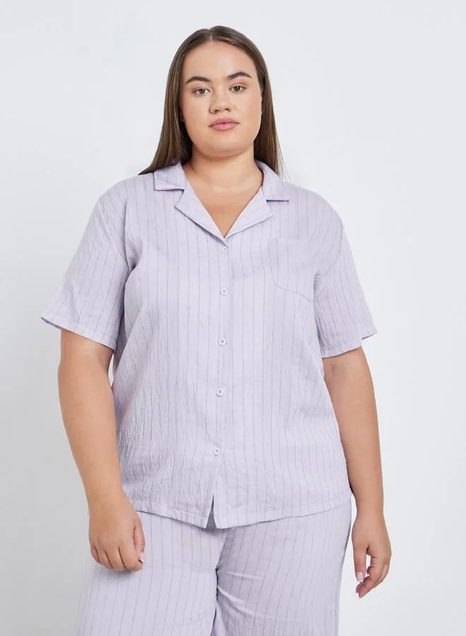 Styli Styli Plus Viscose Textured Double Stripe Shirt and Pyjama Set