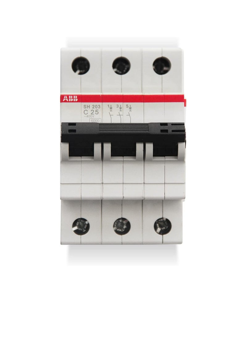 ABB Three pole Miniature Circuit Breaker 25A TP MCB 6KA TYPE C SH203-C25 2CDS213001R0254 - Image 1