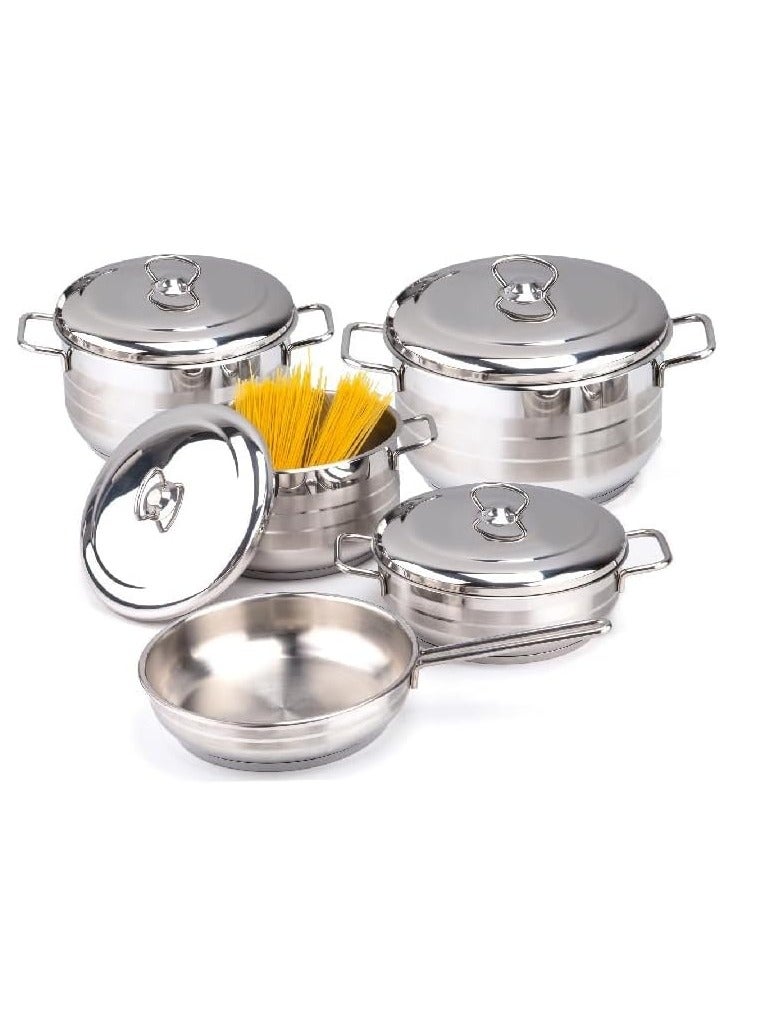 Bonera 9-Piece Diamond Cookware Set - 18/10 Cr-Ni Stainless Steel - 3 Deep Pots - 1 Low Pot - 1 Frypan - Image 3