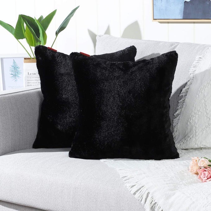 PACK OF 2 BLACK FAUX FUR FUZZY COZY SOFT DECORATIVE THROW PILLOW COVERS SET CUSHION CASES PILLOWCASES FOR SOFA BEDROOM CAR 18X18 INCHES