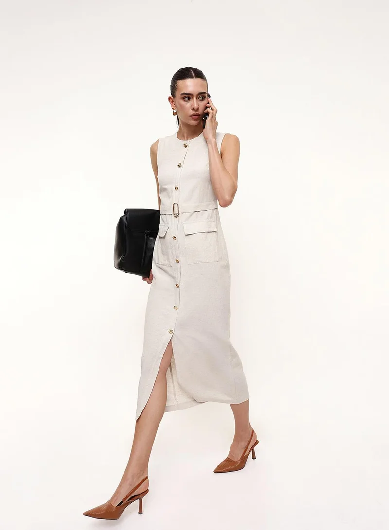 Beige Cotton Flex Solid Print Midi Shift Straight Fit Dress For Women