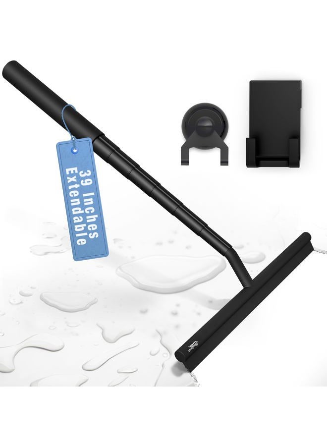BADIONA Telescopic Shower Squeegee White - with Suction Hook & up to 100 cm I Shower Squeegee for Glass Doors Cleaner squiggy for Tile and Walls Bathroom (Black - with Hook - up to 100 cm) - Image 1
