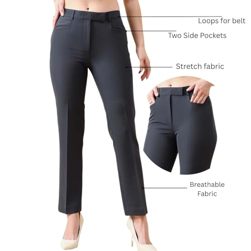 Powersutra Mid Waist Comfort Fit Pants for Women | Work Casual Office Wear Trousers | Stretchable Fabric | Dark Grey - Image 5