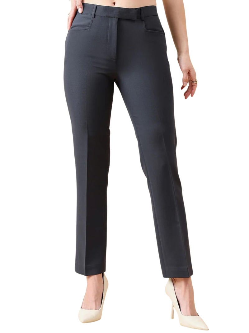 Powersutra Mid Waist Comfort Fit Pants for Women | Work Casual Office Wear Trousers | Stretchable Fabric | Dark Grey - Image 1