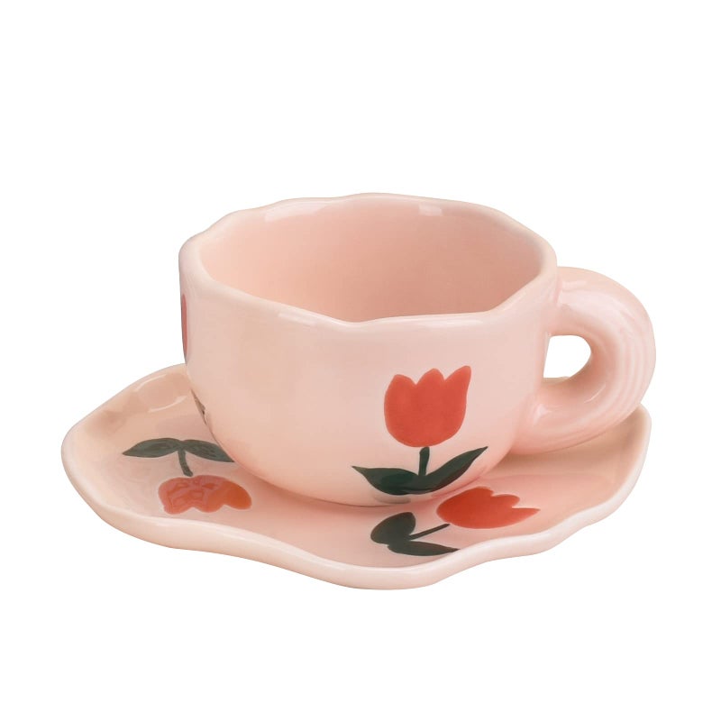 Koythin Ceramic Coffee Mug with Saucer Set Cute Creative Cup Unique Irregular Saucer Design for Office and Home Dishwasher and Microwave Safe 6 oz180 ml for Latte Tea Milk Pink Tulips