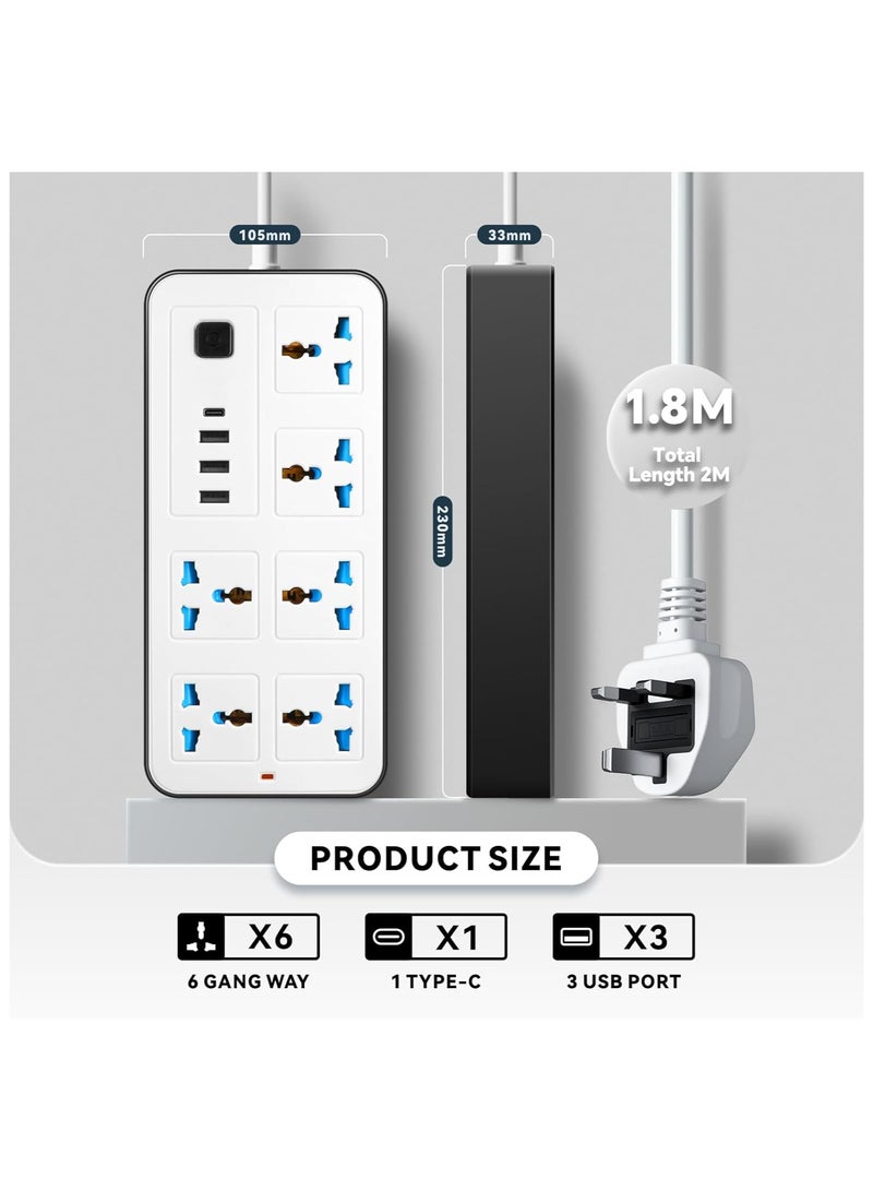 Bukela 3U 6 Power Socket,Universal Electric Extension Cord with 1 Type-C Port,Extension Cords with 6Gang |3USB Ports,1.88 Meters Extenstion Power Cables for Home,Kitchen and Office(White) - Image 2