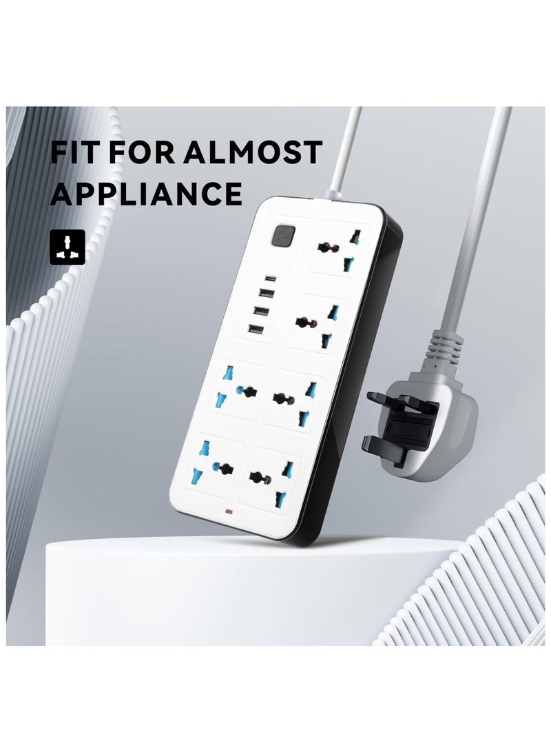 Bukela 3U 6 Power Socket,Universal Electric Extension Cord with 1 Type-C Port,Extension Cords with 6Gang |3USB Ports,1.88 Meters Extenstion Power Cables for Home,Kitchen and Office(White) - Image 3