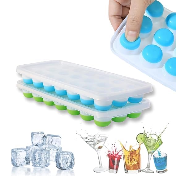 RUSEELA Silicone Ice Cube Tray with Lid, Easy Release, BPA-Free, 21-Cavity Flexible Mould for Fruits, Juices, Cocktails, and Baby Food (Pack of 2 Blue & Green) - Image 1