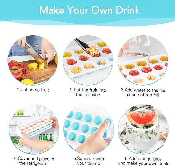 RUSEELA Silicone Ice Cube Tray with Lid, Easy Release, BPA-Free, 21-Cavity Flexible Mould for Fruits, Juices, Cocktails, and Baby Food (Pack of 2 Blue & Green) - Image 3