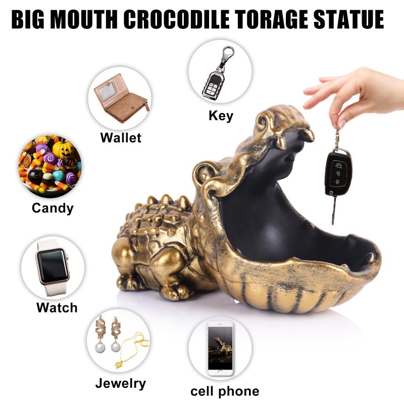 oliruim Alligator Statue Key Bowl, Fun Animal Statue Candy Dish for Entryway Decorative Bowl, Office Candy Dish, Big Mouth Sculpture Home Living Room Trinket Container Storage Box (Gold) - Image 5