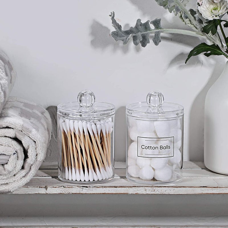 Topinon 2 Pack Qtip Holder Dispenser for Cotton Ball, Cotton Swab Cotton Round Pads, Floss - 10 oz Clear Plastic Apothecary Jar Set for Bathroom Canister Storage Organization, Vanity Makeup Organizer - Image 5