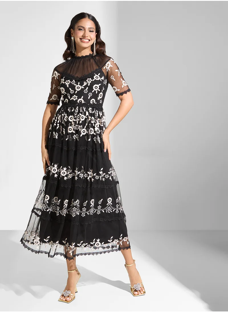 Frock and Frill Embellished Mesh Detailed Dress