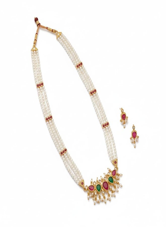 AAIKU Traditional Maharashtrian Tanamani Moti Necklace with Pair of Earrings Set for Women & Girls Adjustable Jewelry long 30 Inch (GreenPink-30Inch) - Image 1