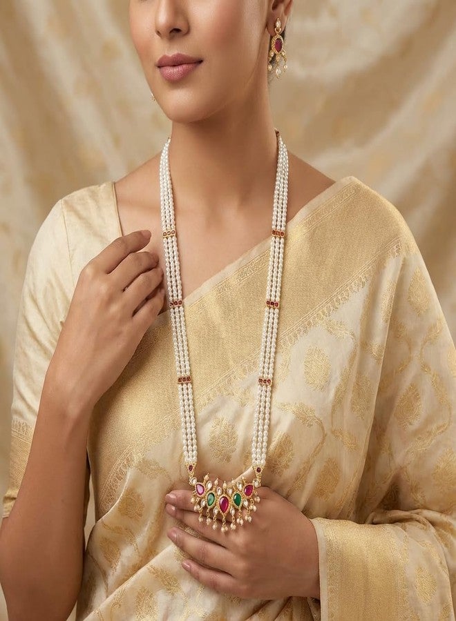 AAIKU Traditional Maharashtrian Tanamani Moti Necklace with Pair of Earrings Set for Women & Girls Adjustable Jewelry long 30 Inch (GreenPink-30Inch) - Image 5