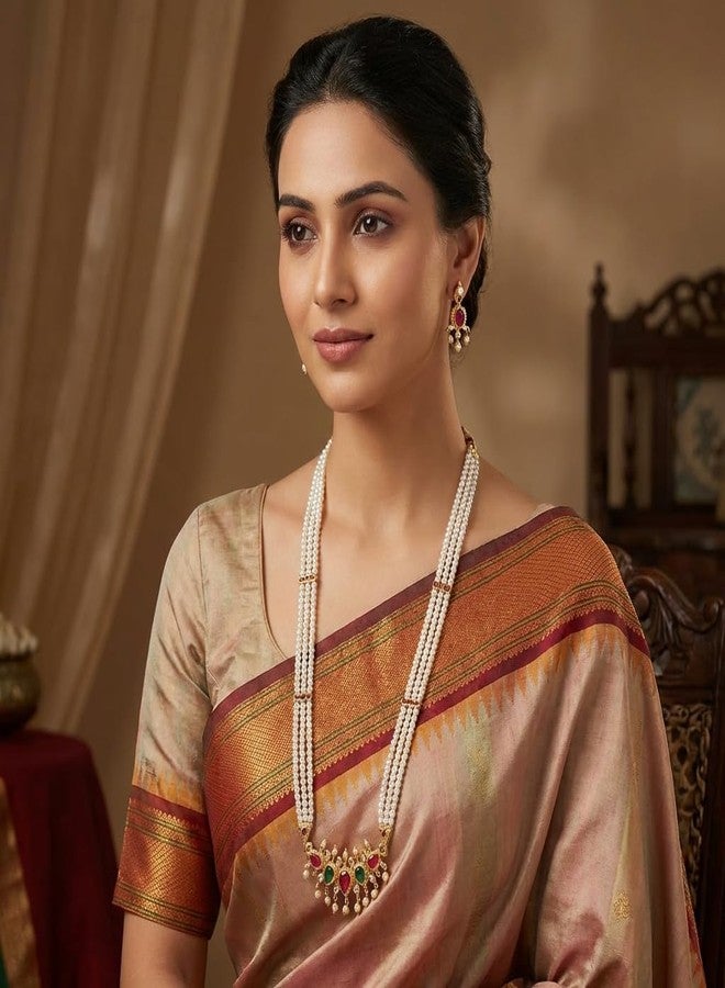 AAIKU Traditional Maharashtrian Tanamani Moti Necklace with Pair of Earrings Set for Women & Girls Adjustable Jewelry long 30 Inch (GreenPink-30Inch) - Image 2