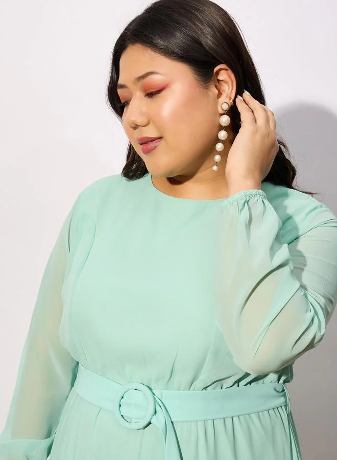 SASSAFRAS Plus Belted Tiered Maxi Dress with Sheer Sleeve by Styli