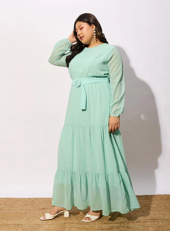 SASSAFRAS Plus Belted Tiered Maxi Dress with Sheer Sleeve by Styli