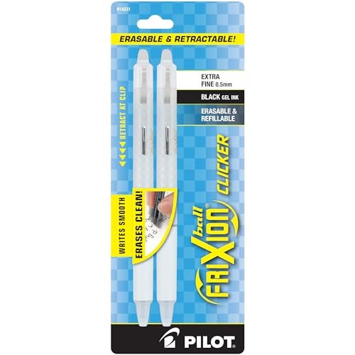 PILOT FriXion Ball Clicker Erasable Gel Ink Retractable Pen, Extra Fine Point, 0.5mm, White Barrel, Black Ink, 2 Pack - Image 1