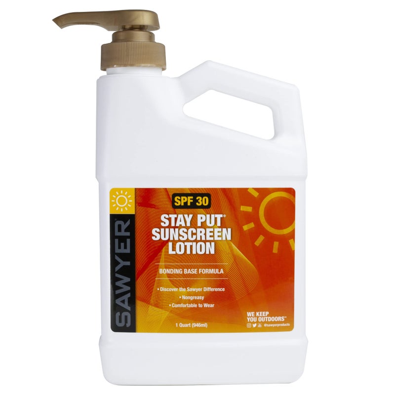 Sawyer Products SP1132 SPF 30 Stay-Put System 1 Sunblock Lotion Dispensing Jug, 32-Ounce, White - Image 1