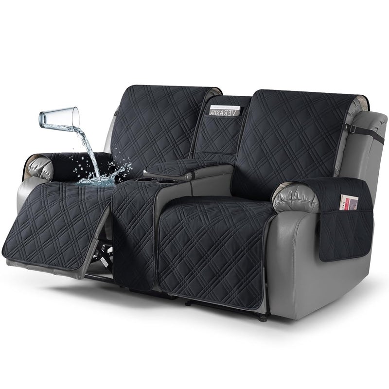 TAOCOCO Waterproof Loveseat Recliner Cover with Console NonSlip Reclining Loveseat with Console Cover with Pocket Split Recliner Sofa Covers Furniture Protector for Pets Dogs2 Seater Black