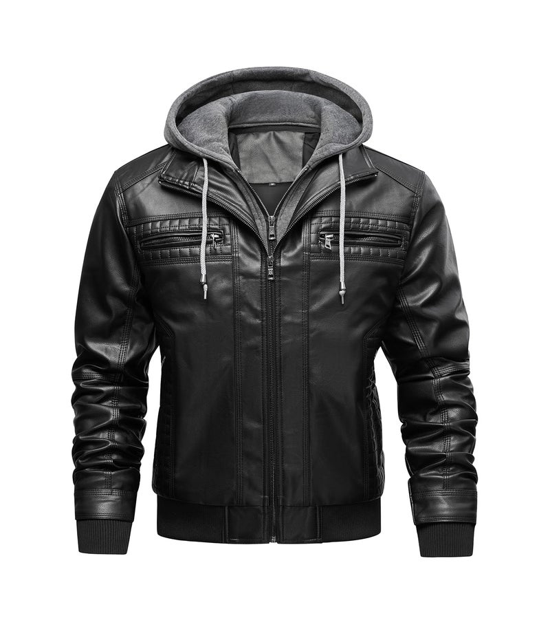FTIMILD Mens Faux Leather Jacket Motorcycle Jacket Waterproof Windproof PU Vintage Bomber Jacket with Removable Hood