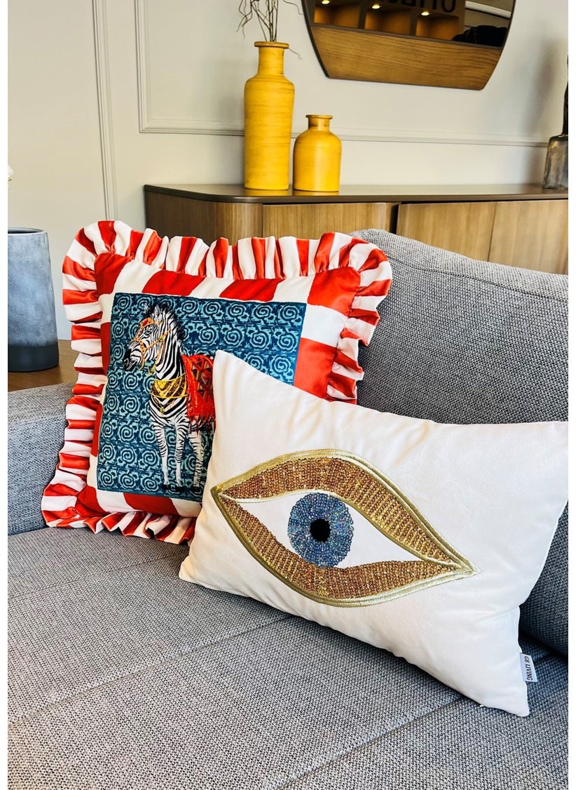 Ge Living Zebra Patterned Orange Velvet Cushion Cover - Hope Series Special Design Ruffle  - Image 4