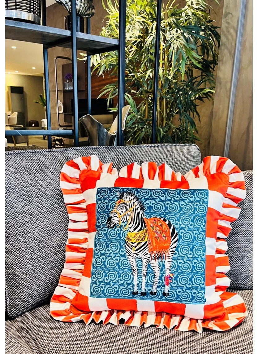 Ge Living Zebra Patterned Orange Velvet Cushion Cover - Hope Series Special Design Ruffle  - Image 3