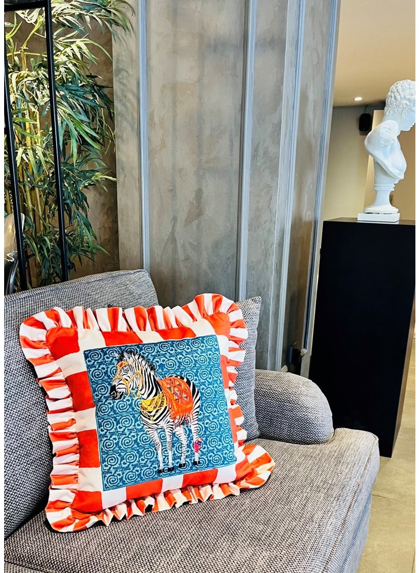 Ge Living Zebra Patterned Orange Velvet Cushion Cover - Hope Series Special Design Ruffle  - Image 2