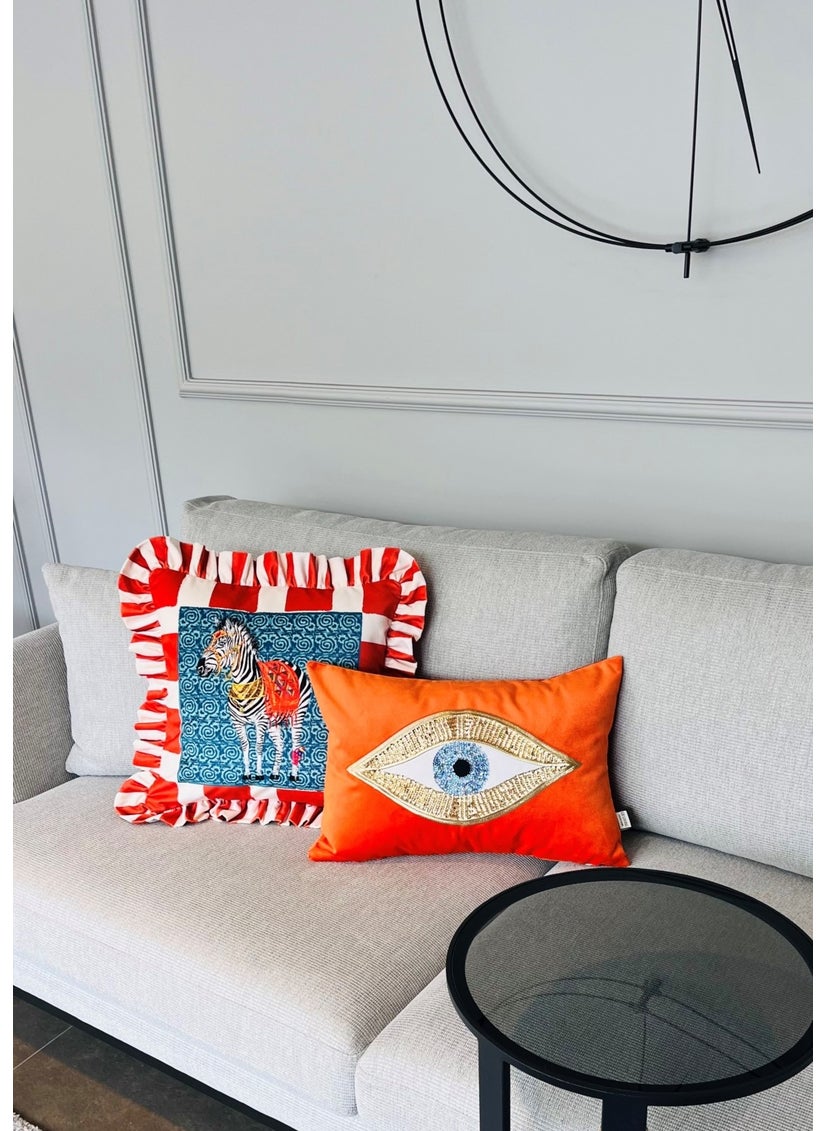 Ge Living Zebra Patterned Orange Velvet Cushion Cover - Hope Series Special Design Ruffle  - Image 5