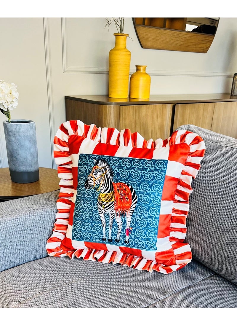 Ge Living Zebra Patterned Orange Velvet Cushion Cover - Hope Series Special Design Ruffle  - Image 1