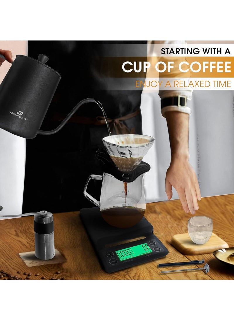 ESSENTIALS 360 - V60 Pour Over Coffee Maker Set - Portable Coffee Kit 9Pcs with V60 Kettle, Digital Scale, Double Walled Mug, Glass Server, Manual Grinder, Glass Dipper, 100 Paper Filters & Coffee Scoop - Image 1
