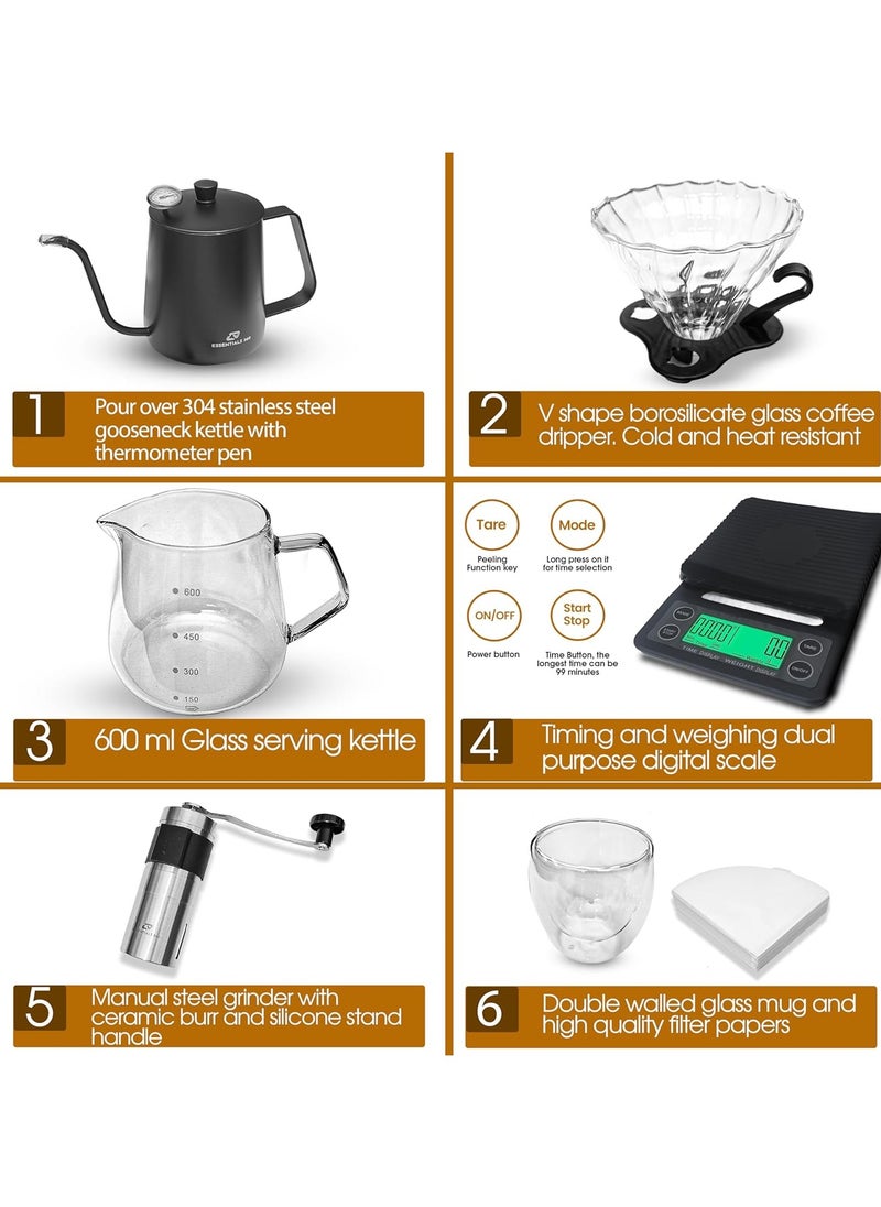ESSENTIALS 360 - V60 Pour Over Coffee Maker Set - Portable Coffee Kit 9Pcs with V60 Kettle, Digital Scale, Double Walled Mug, Glass Server, Manual Grinder, Glass Dipper, 100 Paper Filters & Coffee Scoop - Image 1