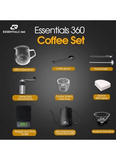 ESSENTIALS 360 V60 Pour Over Coffee Maker Set - Portable Coffee Kit 9Pcs with V60 Kettle, Digital Scale, Double Walled Mug, Glass Server, Manual Grinder, Glass Dipper, 100 Paper Filters & Coffee Scoop  - Image 5