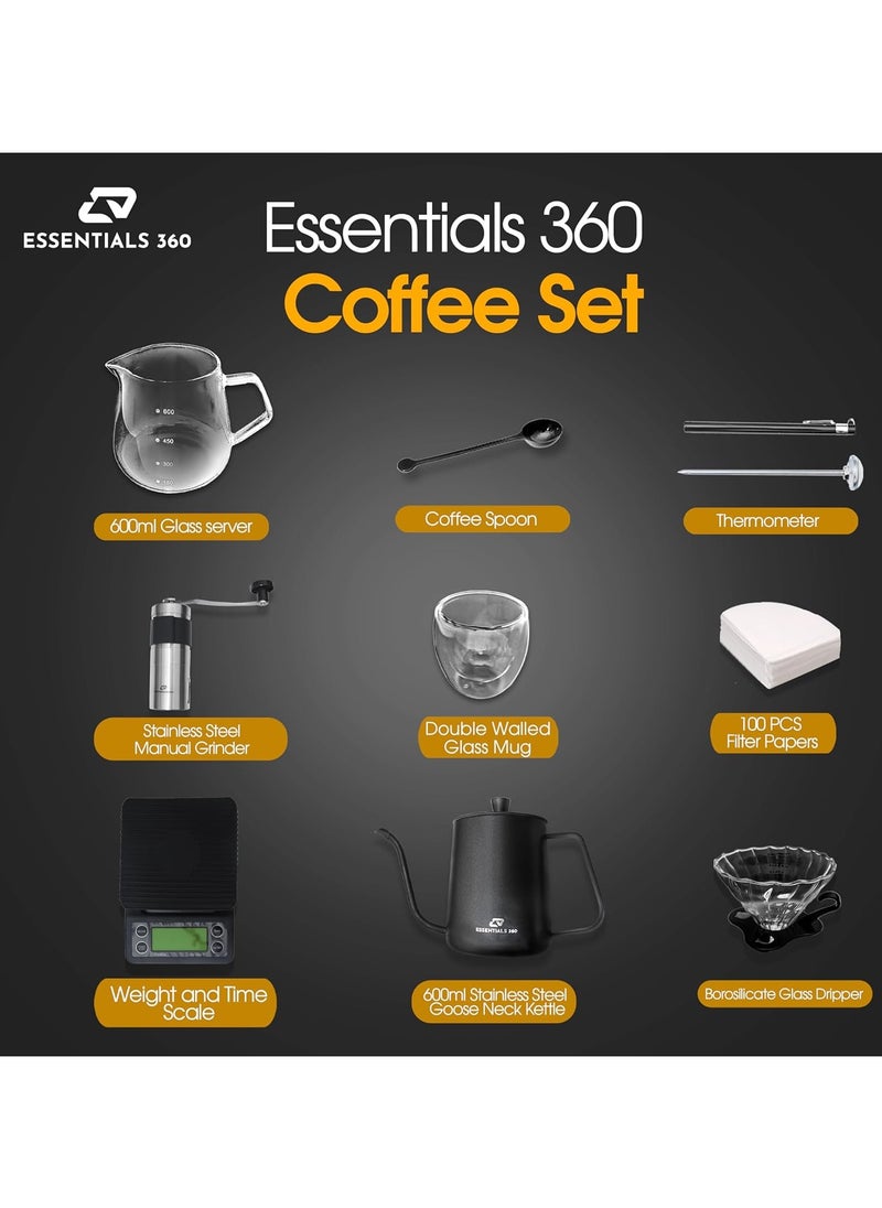ESSENTIALS 360 - V60 Pour Over Coffee Maker Set - Portable Coffee Kit 9Pcs with V60 Kettle, Digital Scale, Double Walled Mug, Glass Server, Manual Grinder, Glass Dipper, 100 Paper Filters & Coffee Scoop - Image 1