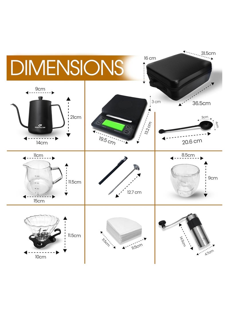 ESSENTIALS 360 - V60 Pour Over Coffee Maker Set - Portable Coffee Kit 9Pcs with V60 Kettle, Digital Scale, Double Walled Mug, Glass Server, Manual Grinder, Glass Dipper, 100 Paper Filters & Coffee Scoop - Image 1