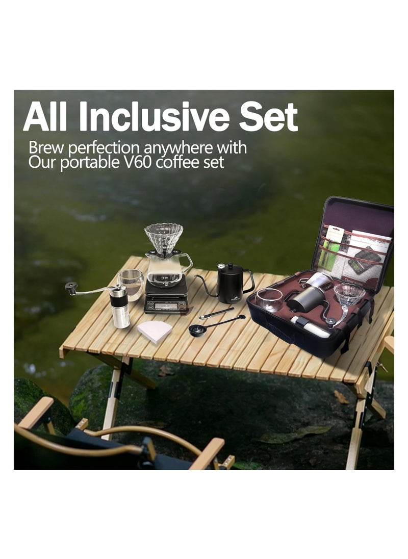 ESSENTIALS 360 - V60 Pour Over Coffee Maker Set - Portable Coffee Kit 9Pcs with V60 Kettle, Digital Scale, Double Walled Mug, Glass Server, Manual Grinder, Glass Dipper, 100 Paper Filters & Coffee Scoop - Image 1