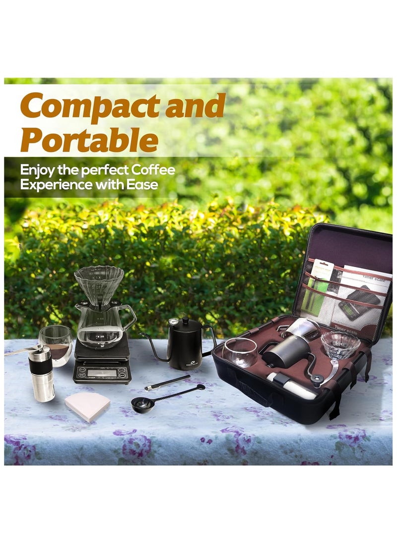 ESSENTIALS 360 - V60 Pour Over Coffee Maker Set - Portable Coffee Kit 9Pcs with V60 Kettle, Digital Scale, Double Walled Mug, Glass Server, Manual Grinder, Glass Dipper, 100 Paper Filters & Coffee Scoop - Image 1