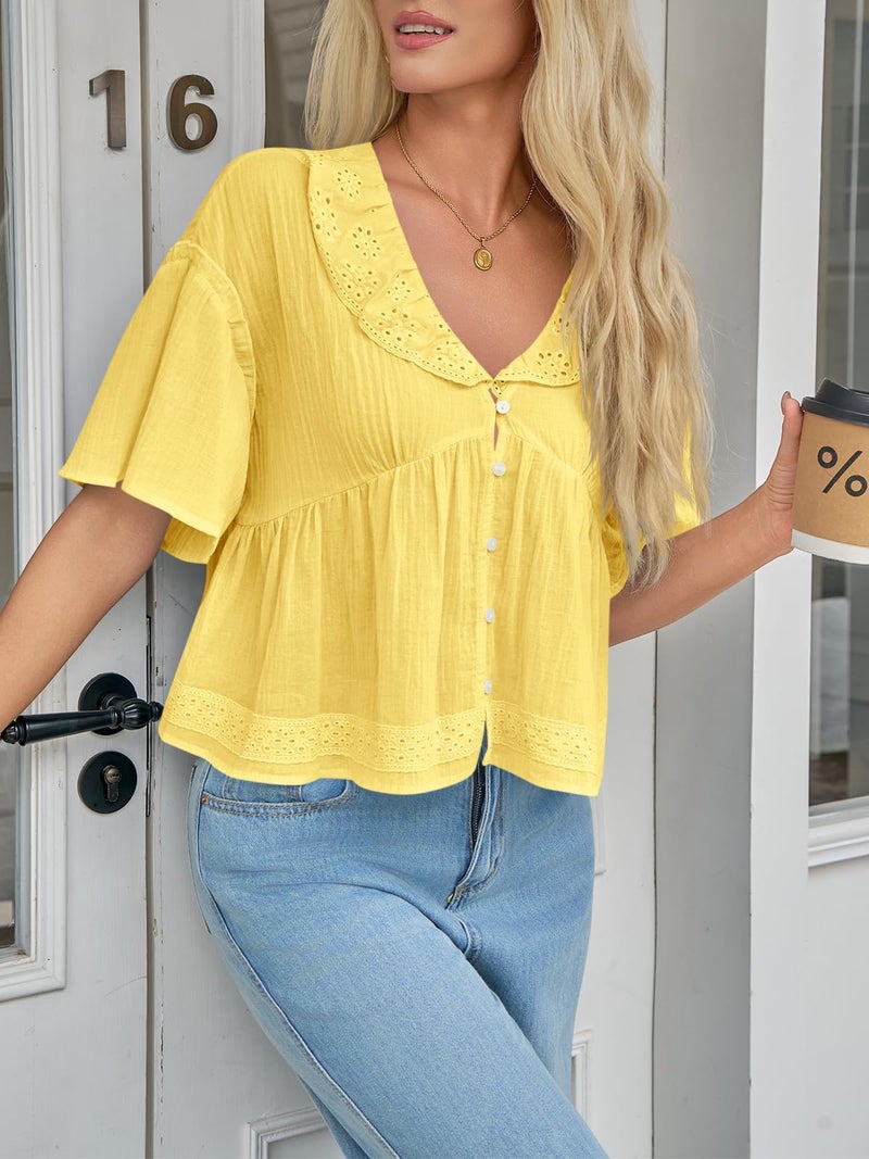 Cicy Bell Womens Cropped Babydoll Tops Summer Eyelet V Neck Short Sleeve Cute Blouses Ruffle Shirts Yellow - Image 5