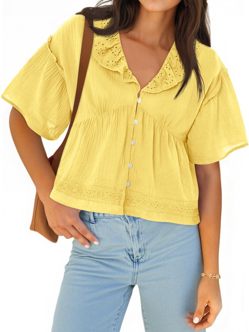 Cicy Bell Womens Cropped Babydoll Tops Summer Eyelet V Neck Short Sleeve Cute Blouses Ruffle Shirts Yellow - Image 1