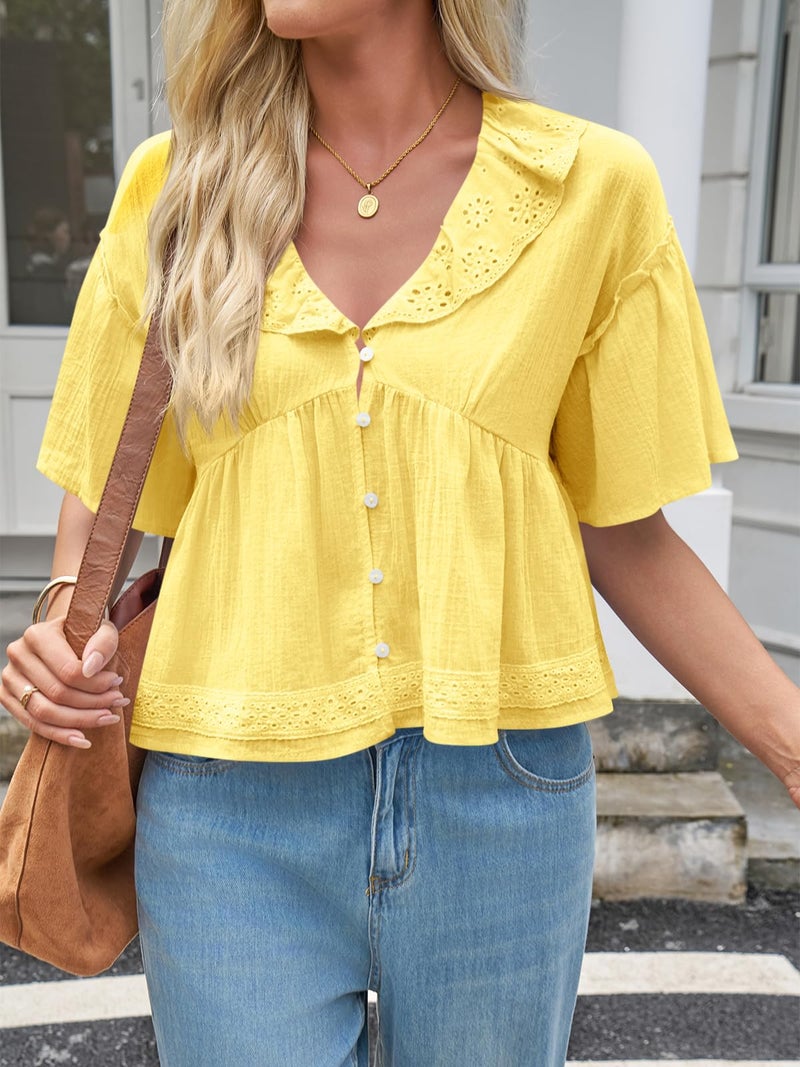 Cicy Bell Womens Cropped Babydoll Tops Summer Eyelet V Neck Short Sleeve Cute Blouses Ruffle Shirts Yellow - Image 2