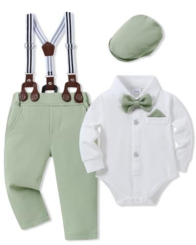 SANMIO Baby Boy Clothes Suit 612 Months Boys Baptism Easter Outfits Baby ShirtBow TiePantsSuspenders 4Pcs Christmas Wedding Clothing Set New Light Green 612 Months - Image 1