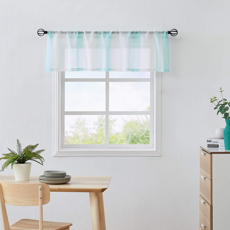 Central Park Spa Blue and White Kitchen Window Curtain Valance Vertical Stripe Sheer Boucle Linen Window Curtain Living Room Decorative Rod Pocket 54 W x 15 L Rustic Living Panels