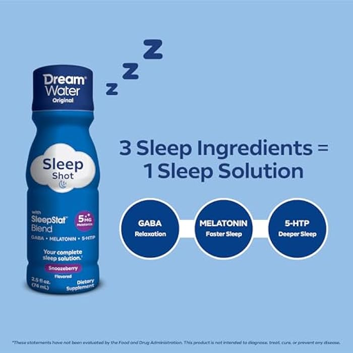 Dream Water دريم ووتر سليب إيد سابليمنت درينك؛ ميلاتونين 5mg، GABA، 5-HTP؛ صفر سكر، ناتشورال فليفرز، نو أددد كلرز، 2.5 oz ليكويد سليب شوتس، سنوزبيري، 4-كاونت - Image 4