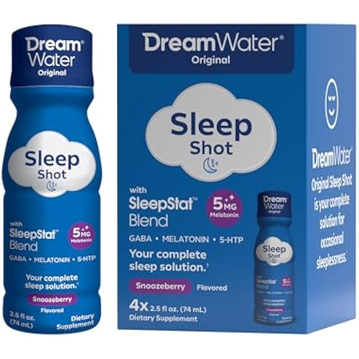 Dream Water دريم ووتر سليب إيد سابليمنت درينك؛ ميلاتونين 5mg، GABA، 5-HTP؛ صفر سكر، ناتشورال فليفرز، نو أددد كلرز، 2.5 oz ليكويد سليب شوتس، سنوزبيري، 4-كاونت - Image 1