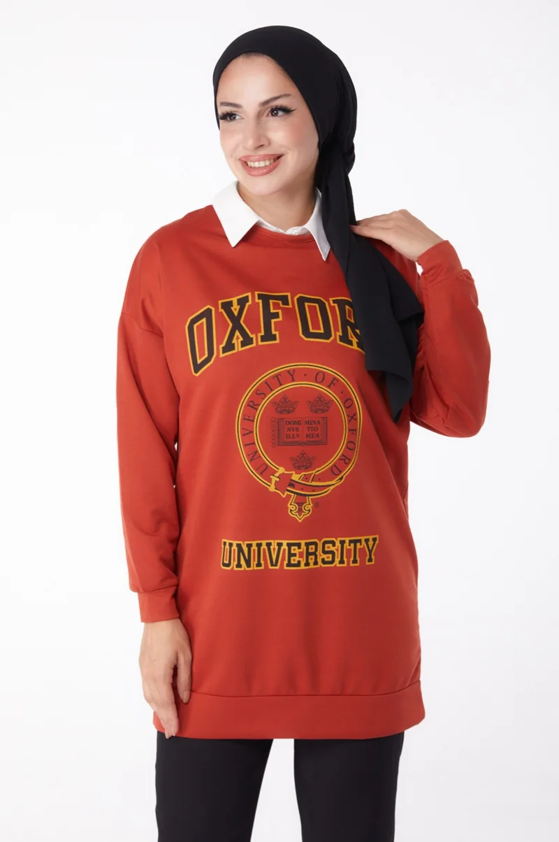 Tofisa Plain Crew Neck Women's Brick Printed Sweatshirt - 13281