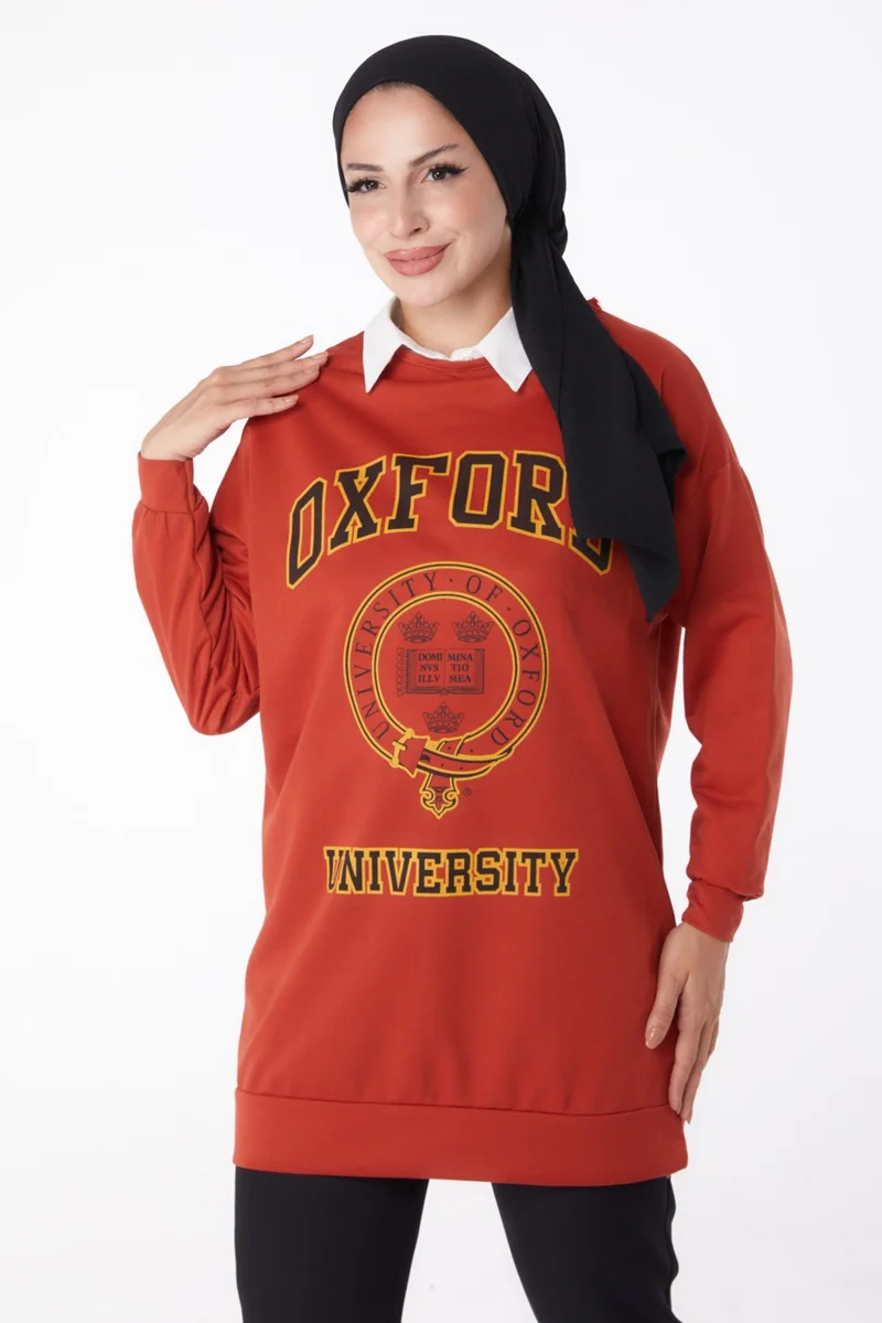 Tofisa Plain Crew Neck Women's Brick Printed Sweatshirt - 13281