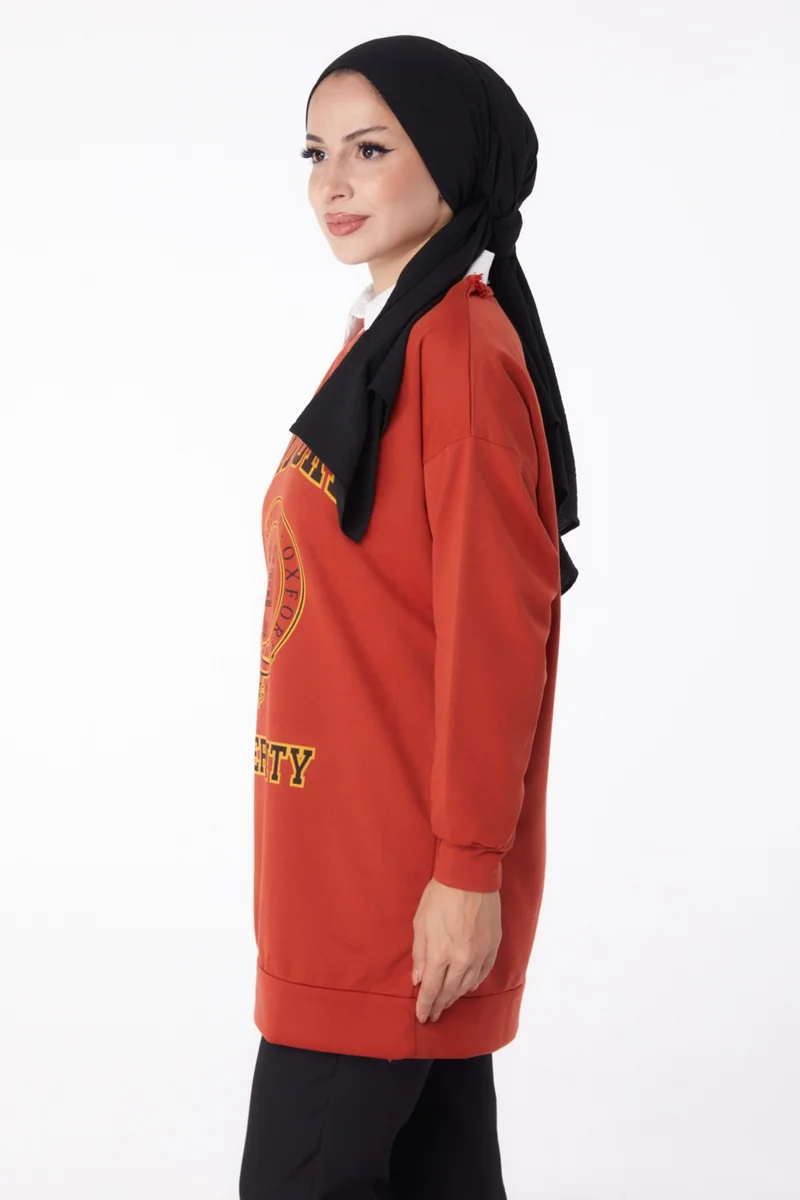 Tofisa Plain Crew Neck Women's Brick Printed Sweatshirt - 13281