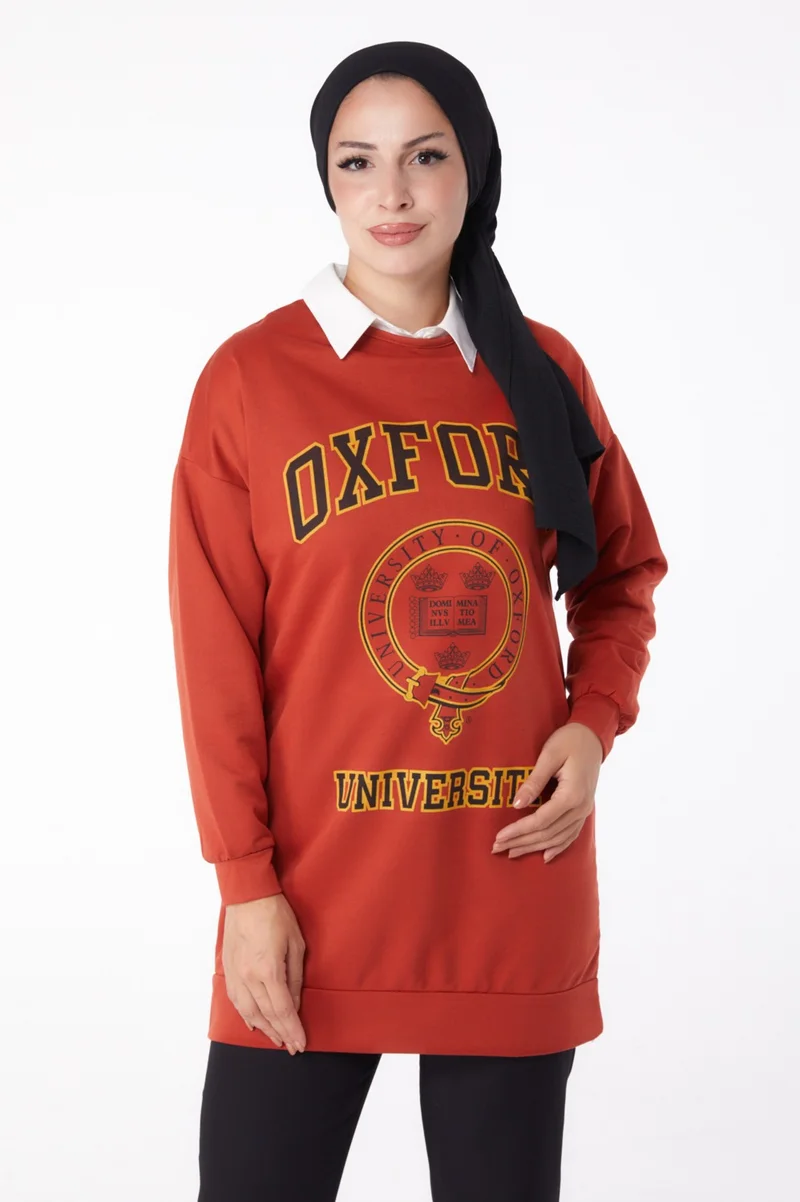 Tofisa Plain Crew Neck Women's Brick Printed Sweatshirt - 13281